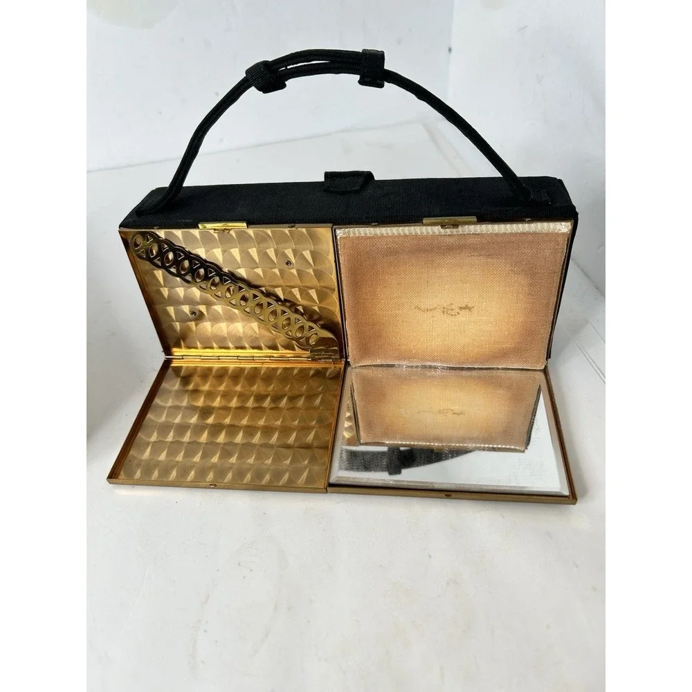 Zell Fifth ‎ Avenue Vintage Vanity  compact Purse Black & Gold EUC